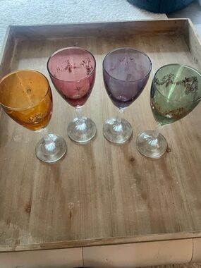 Blown Crystal 24k decorated made in Italy Colored Etched Wine Glasses - Set of 4
